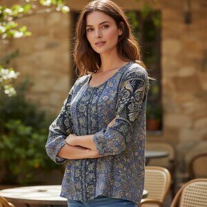 Chai Fashions Silk Blend Floral/Paisley Blouse M Blue Gray Multicolor #237D